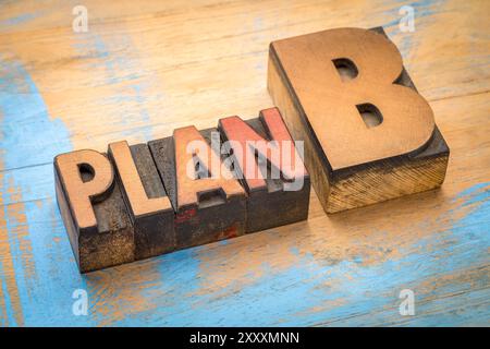 Plan B généralement, stratégie alternative ou plan de secours que vous pouvez vous tourner vers si le plan original échoue ou rencontre des obstacles, texte en letterpre rétro Banque D'Images