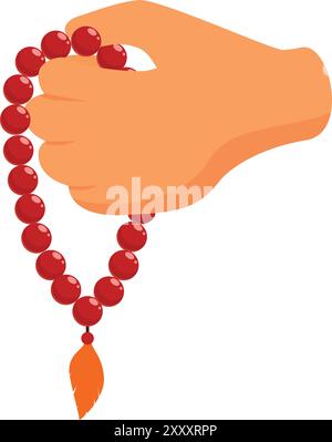 Main comptant des perles de prière rouges avec une plume, symbolisant la spiritualité, la relaxation et la paix intérieure Illustration de Vecteur