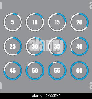 Cercles de progression numérotés. Icônes d'intervalle de temps. Compte à rebours bleu et gris. Vecteur de minuterie numérique. Illustration de Vecteur