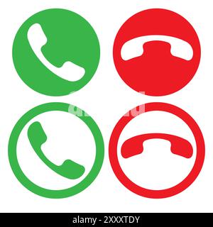 Icônes d'appel téléphonique. Symbole d'acceptation vert. Symbole de refus rouge. Bouton circulaire. Illustration de Vecteur