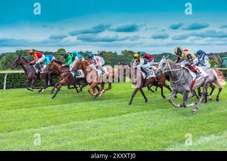 Impression de la course hippique 'Henkel Preis der Diana' de 2024 à Düsseldorf, la deuxième course hippique la plus riche d'Allemagne après 'Deutsches Derby' à Hambourg Banque D'Images