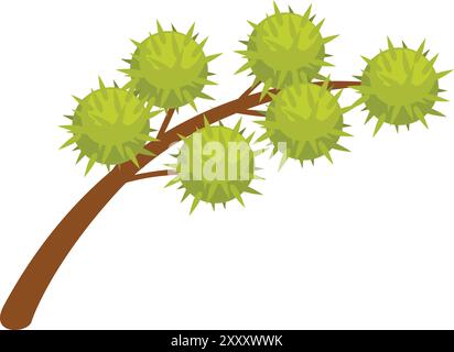 La branche d'arbre brun avec des gousses de graines de châtaignier de cheval épi vert pousse Illustration de Vecteur