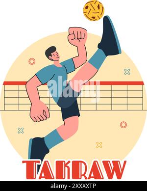 Sepak Takraw illustration vectorielle avec athlète frappant le ballon sur un court pendant une compétition sportive dans un fond de dessin animé de style plat Illustration de Vecteur