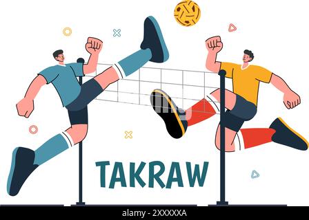 Sepak Takraw illustration vectorielle avec athlète frappant le ballon sur un court pendant une compétition sportive dans un fond de dessin animé de style plat Illustration de Vecteur