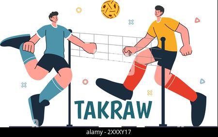 Sepak Takraw illustration vectorielle avec athlète frappant le ballon sur un court pendant une compétition sportive dans un fond de dessin animé de style plat Illustration de Vecteur