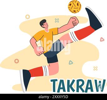 Sepak Takraw illustration vectorielle avec athlète frappant le ballon sur un court pendant une compétition sportive dans un fond de dessin animé de style plat Illustration de Vecteur