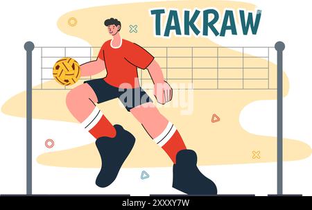 Sepak Takraw illustration vectorielle avec athlète frappant le ballon sur un court pendant une compétition sportive dans un fond de dessin animé de style plat Illustration de Vecteur