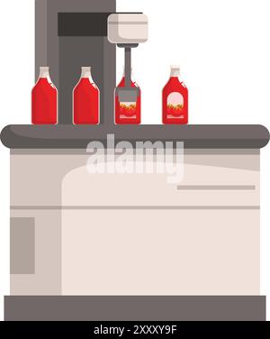 Machine automatique moderne versant ketchup dans la bouteille en verre sur la bande transporteuse à l'usine alimentaire Illustration de Vecteur