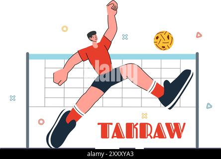 Sepak Takraw illustration vectorielle avec athlète frappant le ballon sur un court pendant une compétition sportive dans un fond de dessin animé de style plat Illustration de Vecteur