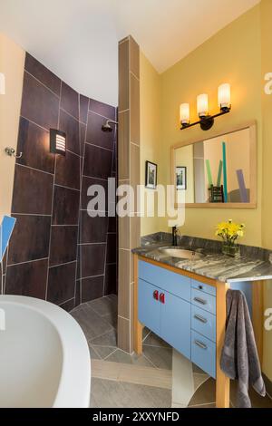 Salle de bain unique avec meuble-lavabo bleu et carrelage mural et au sol inventif Banque D'Images