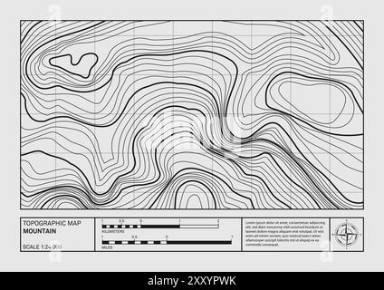 Carte géographique de relief de paysage de montagne, ensemble d'affiches topographiques. Le dessin abstrait au trait représente l'élévation du terrain avec un style artistique minimaliste Illustration de Vecteur