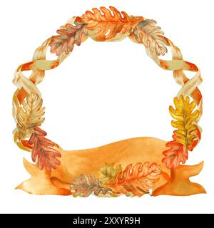 Couronne d'orange d'automne, feuilles de chêne brun avec bannière. Illustration aquarelle du modèle de cadre rond dessiné à la main. Texture du feuillage naturel, glands Banque D'Images