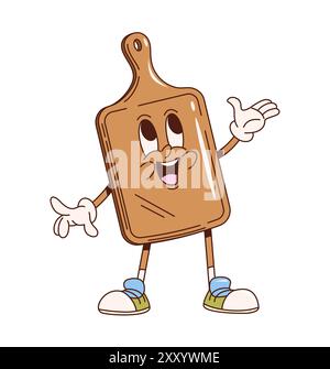 Planche à découper rétro groovy ustensiles de cuisine et ustensile caractère. Vecteur de dessin animé isolé accueillant, accueillant et pratique personnage d'outil de cuisine. Planche en bois avec un trou pour accrocher le geste et le sourire Illustration de Vecteur