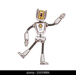Personnage de robot de dessin animé rétro groovy ou android robotique spatial extraterrestre, bot vectoriel. Robot rétro groovy ou machine droïde cyborg, cyber humanoïde robotique mignon drôle funky avec visage et sourire heureux Illustration de Vecteur