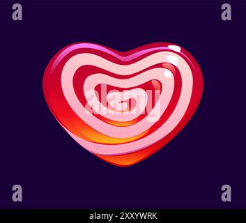 Cartoon valentine coeur et bonbons roses, sucreries et confiseries. Caramel en forme de coeur rouge vecteur isolé avec motif tourbillon blanc et finition brillante. Festin romantique ludique pour la Saint-Valentin Illustration de Vecteur