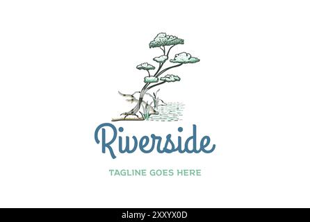 Arbre en bois et herbe et River Lake Swamp logo vecteur de conception Illustration de Vecteur