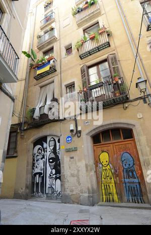 Art de rue coloré couvrant les volets de magasin sur Carrer de Calella à Barcelone, Espagne. Banque D'Images