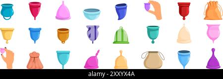 Icônes de coupe menstruelle définies. Grand ensemble de différents types de coupes menstruelles en silicone réutilisables colorées avec une main de femme tenant l'une d'entre elles Illustration de Vecteur