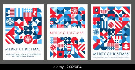 Affiche de voeux géométriques abstraits de vacances de Noël. Cartes de Noël festives vectorielles vibrantes en rouge, bleu et blanc, avec des formes et des motifs audacieux, des flocons de neige, des étoiles et des éléments. Joyeux Noël Illustration de Vecteur