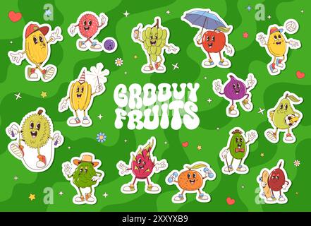 Autocollants rétro groovy fruit Characters. Patchs vectoriels avec raisins de bande dessinée, fruit de dragon, et orange, poire, melon, litchi ou carambole. Durian, papaye avec des expressions ludiques et des accessoires Illustration de Vecteur