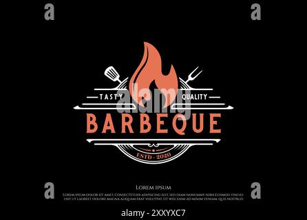 Rustique rétro Vintage BBQ barbecue Grill logo Design vecteur Illustration de Vecteur