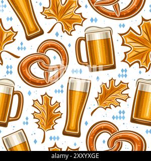 Vector Oktoberfest Seamless Pattern, fond décoratif avec volant oktoberfest bretzel, feuilles d'automne et verre à bière pinte pour papier d'emballage, squa Illustration de Vecteur