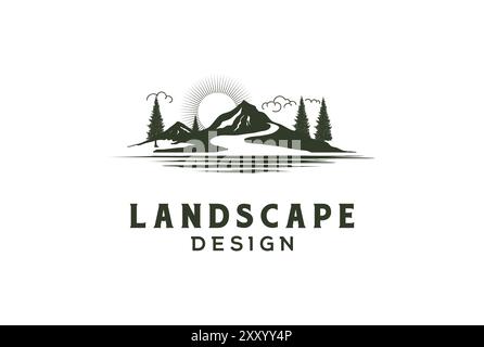 Sunrise Mountain Hill Pine Forest avec River Creek Lake Landscape View logo Design Vector Illustration de Vecteur