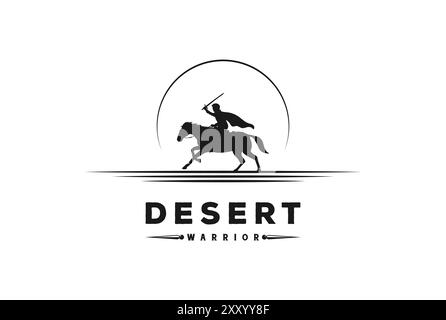 Sunrise Equestrian Horseback Silhouette Knight ou Horse Warrior Paladin médiéval avec Desert Land logo Design Vector Illustration de Vecteur