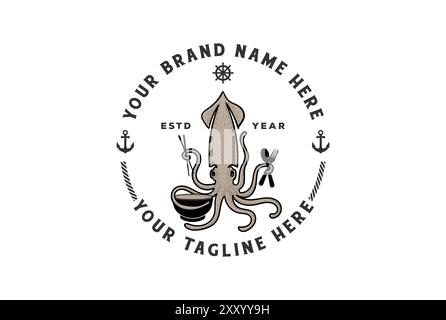 Vintage Retro Squid Cuttlefish avec bol baguettes cuillère et fourchette pour Seafood Restaurant logo Design Vector Illustration de Vecteur