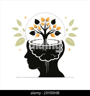 Illustration vectorielle d'une silhouette de tête avec un arbre poussant à l'intérieur, entouré de feuilles, symbolisant la croissance mentale, la nature et la pleine conscience. Parfait pour les thèmes de la santé mentale et du développement personnel. Illustration de Vecteur