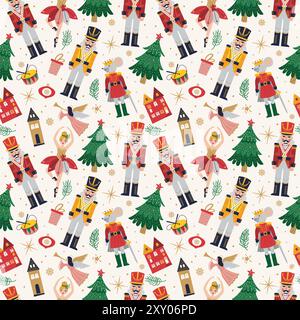 Merry Christmas, New Year Seamless pattern Set avec Ballerina, Mouse King et casse-noisette. Imprimé de Noël avec trois et jouets Illustration de Vecteur