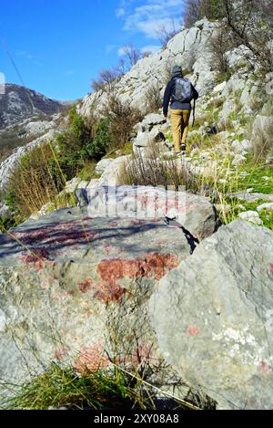 Photographié à l'arrière d'un touriste marchant le long d'une ancienne route de montagne dans les environs d'Orahovac. Randonnée dans les montagnes de la baie de Kotor Banque D'Images