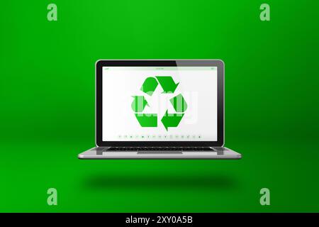 Ordinateur portable avec un symbole de recyclage à l'écran. concept de conservation de l'environnement. 3D illustration isolée sur fond vert Banque D'Images
