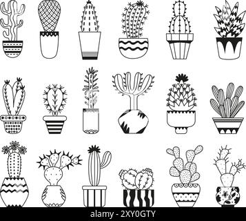 Cactus dessinés à la main. Doodle cactus dans différents pots décoratifs. Maison éléments de jardin, plantes succulentes, plantes du désert. Ensemble de vecteurs NEOTERES LINEAIRES ISOLES Illustration de Vecteur