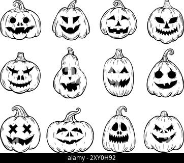 Doodle citrouilles d'halloween. Icônes drôles de visages effrayants de citrouille. Personnages de fête de récolte d'automne, monstres de bande dessinée. Ensemble vecteur néotérique de décorations festives Illustration de Vecteur