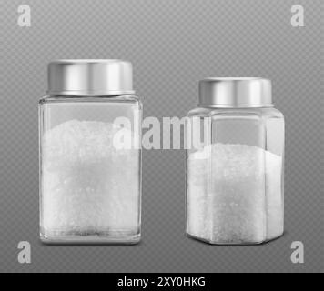 Poudre de cristal de sel réaliste dans la salière en verre sur fond transparent. ensemble d'illustration vectorielle 3d de grain minéral naturel d'épices blanches dans la bouteille. Granulés broyés dans un récipient pour ustensiles de cuisine. Illustration de Vecteur