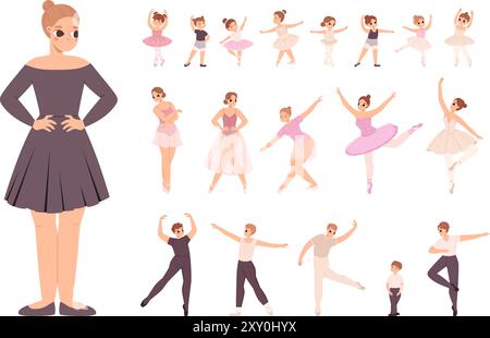 Danseurs de ballet de dessin animé mignons. Étudiants en danse classique, petites filles garçons hommes et femmes. Enseignant et danseur dans différentes poses, personnages vectoriels d'art Illustration de Vecteur