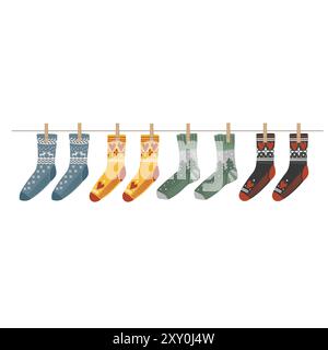 Chaussettes de Noël chaudes et confortables épinglées sur une corde à linge. Séchage du linge d'hiver dans une corde ou bottes cadeau de Noël. Elément décoratif isolé pour la maison du nouvel an Illustration de Vecteur
