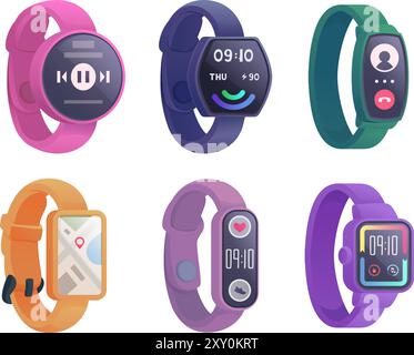 Smartwatches. Différents trackers de fitness pour les personnes actives modèles d'interface utilisateur de modèles d'appareils intelligents illustrations vectorielles exactes dans le style de dessin animé Illustration de Vecteur