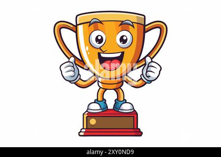 Victory Smiles Cartoon Trophy Cup avec un Happy face Award, une réussite et une icône de succès Illustration de Vecteur