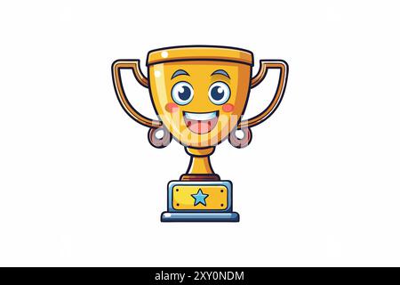 Victory Smiles Cartoon Trophy Cup avec un Happy face Award, une réussite et une icône de succès Illustration de Vecteur