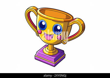 Victory Smiles Cartoon Trophy Cup avec un Happy face Award, une réussite et une icône de succès Illustration de Vecteur