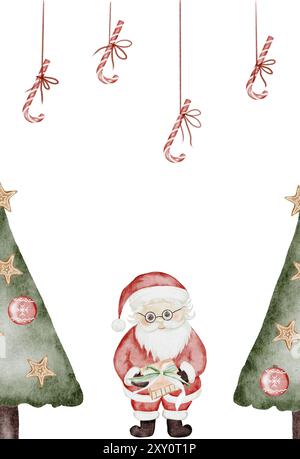 Carte de noël mignonne. Père Noël kawaii dessiné à la main avec des bonbons, un cadeau et un arbre de Noël décoré. Clip art illustration du nouvel an. Parfait pour le nouvel an Banque D'Images