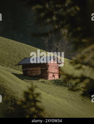 Cabane en bois idyllique nichée dans les collines verdoyantes des Alpes suisses, offrant une évasion sereine au milieu de la nature. Banque D'Images