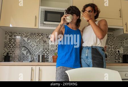 Un couple gay aimant sirote un café ensemble dans une cuisine confortable et élégamment décorée, partageant un moment tranquille du matin Banque D'Images