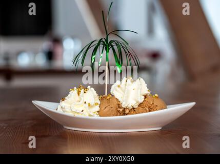 Cette image présente une délicieuse portion de crème glacée gourmande garnie de crème fouettée et de pistaches, ornée d'un palmier en papier décoratif, se Banque D'Images