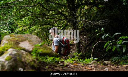 Vue latérale d'un randonneur mâle avec un sac à dos rouge, voyageant à travers la forêt dense et verte de Pico Blanco, mettant en valeur la connexion intime entre l'homme Banque D'Images