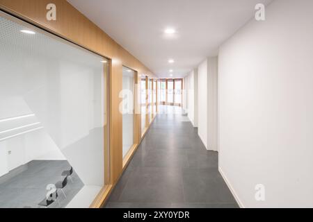 Un couloir d'auditorium contemporain et bien éclairé avec des portes en bois, des cloisons en verre et un sol carrelé gris, parfait pour un design intérieur moderne Banque D'Images