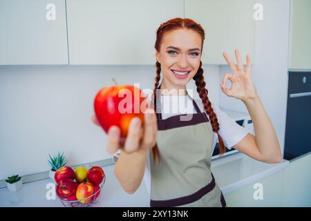 Photo de jolie jolie fille mignonne portant un tablier tenant frais savoureux pomme okey signe cuisine maison maison lumière de jour à l'intérieur Banque D'Images