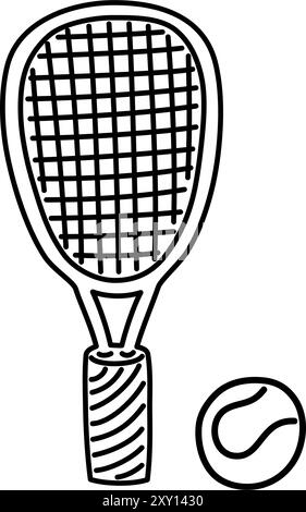 Illustration simple de contour noir et blanc d'une raquette et d'une balle de tennis. Convient pour les projets sportifs, le matériel éducatif, les pages à colorier et le grap Illustration de Vecteur